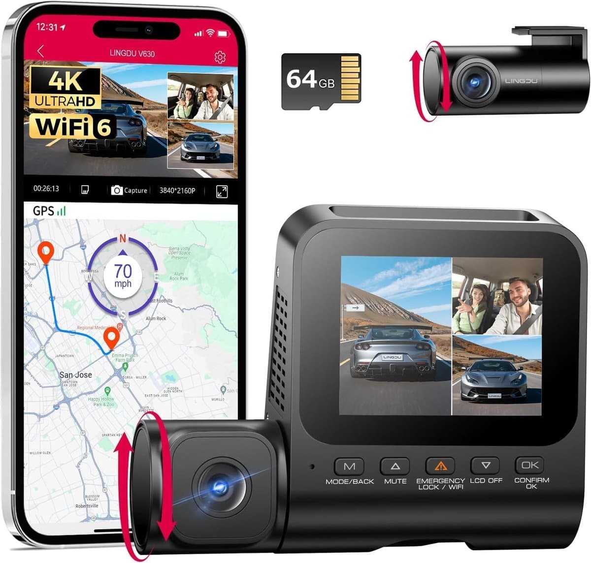 SnelShoppen - V630 Dashcam 4K + 1080p + 1080p, Mini Auto Camera met 2.4 Inch IPS, GPS, 24 Uur Parkeerbescherming, Ultra Nachtzicht en 170° Hoek — afbeelding 1