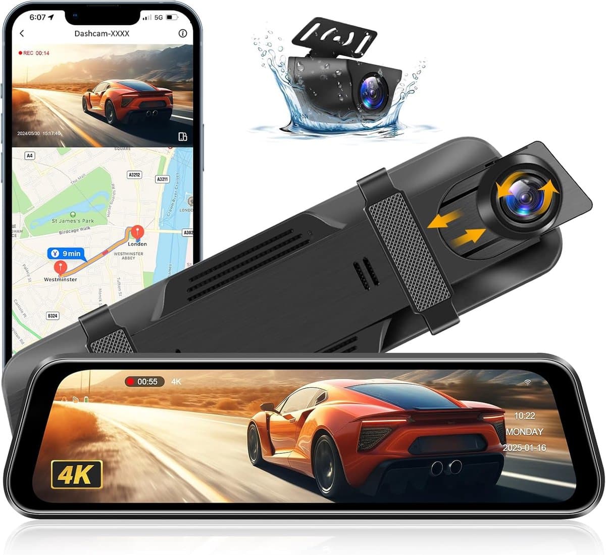 SnelShoppen - 4K Dashcam met WiFi 10 Inch Spiegel, Achteruitrijcamera, 170° Groothoek, Nachtzicht, G-Sensor, Auto Spiegel voor Veiligheid en Bewaking — afbeelding 1