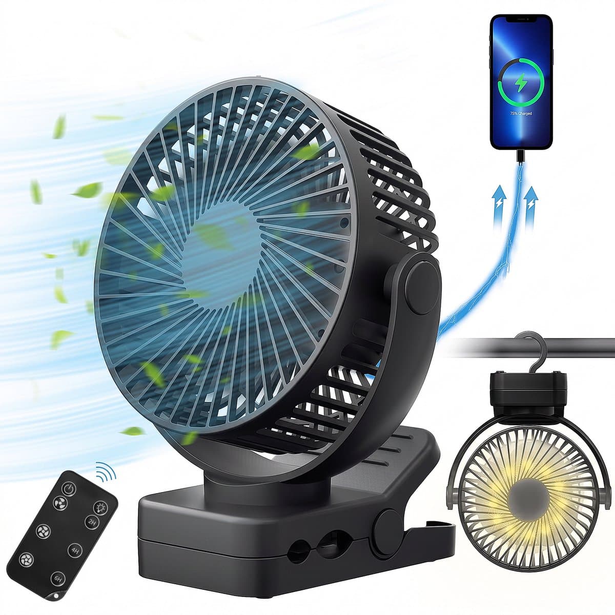 YONO Clip Ventilator Oplaadbaar - Ventilator met Klem - Afstandsbediening - 3 Snelheden - Timer - LED Verlichting - 12.000 mah - USB-C - 360° Draaibaar - Zwart — afbeelding 1