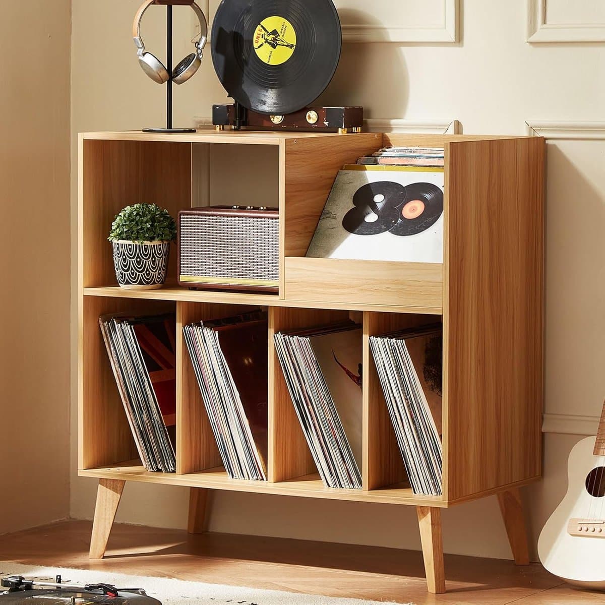 Platenspeler Stand - Platenspeler Meubel - Hout - Vinyl Opbergsysteem voor LP's - Platenkast - LP Record Holder - Display Rek voor Draaitafel, Boeken & Tijdschriften - Platenspelerstandaard - Vintage Bruin & Zwart - Audio Meubel — afbeelding 1