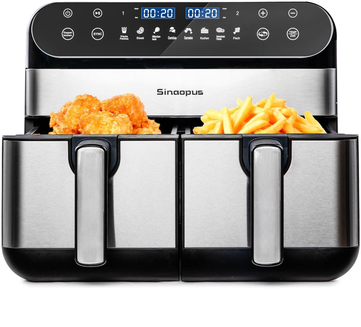Digitale Airfryer XXL 10L Sinaopus 920 – Heteluchtfriteuse met Dubbele Mand en DualMand Onafhankelijke Snelle Opwarming – Voor Gezinnen – 8 Programma’s – LED Touchscreen – Kijkvenster – Makkelijk te Reinigen – Capaciteit voor 7 Personen — afbeelding 1