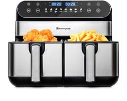 Sinaopus XXL 10L Airfryer Digitale – Heteluchtfriteuse met Dubbele Mand en DualMand Onafhankelijke Snelle Opwarming – Voor Gezinnen – 8 Programma’s – LED Touchscreen – Makkelijk te Reinigen – Capaciteit voor 7 Personen