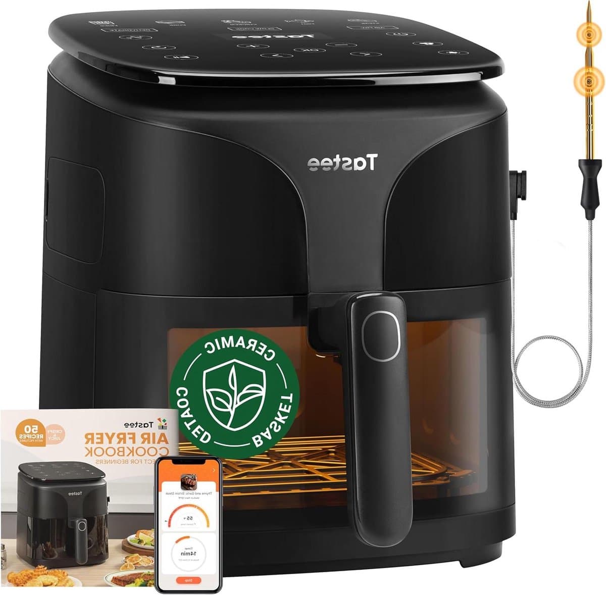 Keramische Luchtfriteuse - Compacte Friteuse Digitale - Gezond Frituren Koken - 8-in-1 Functies Intelligente Sonde - 5.5 Kwarts - Zwart — afbeelding 1