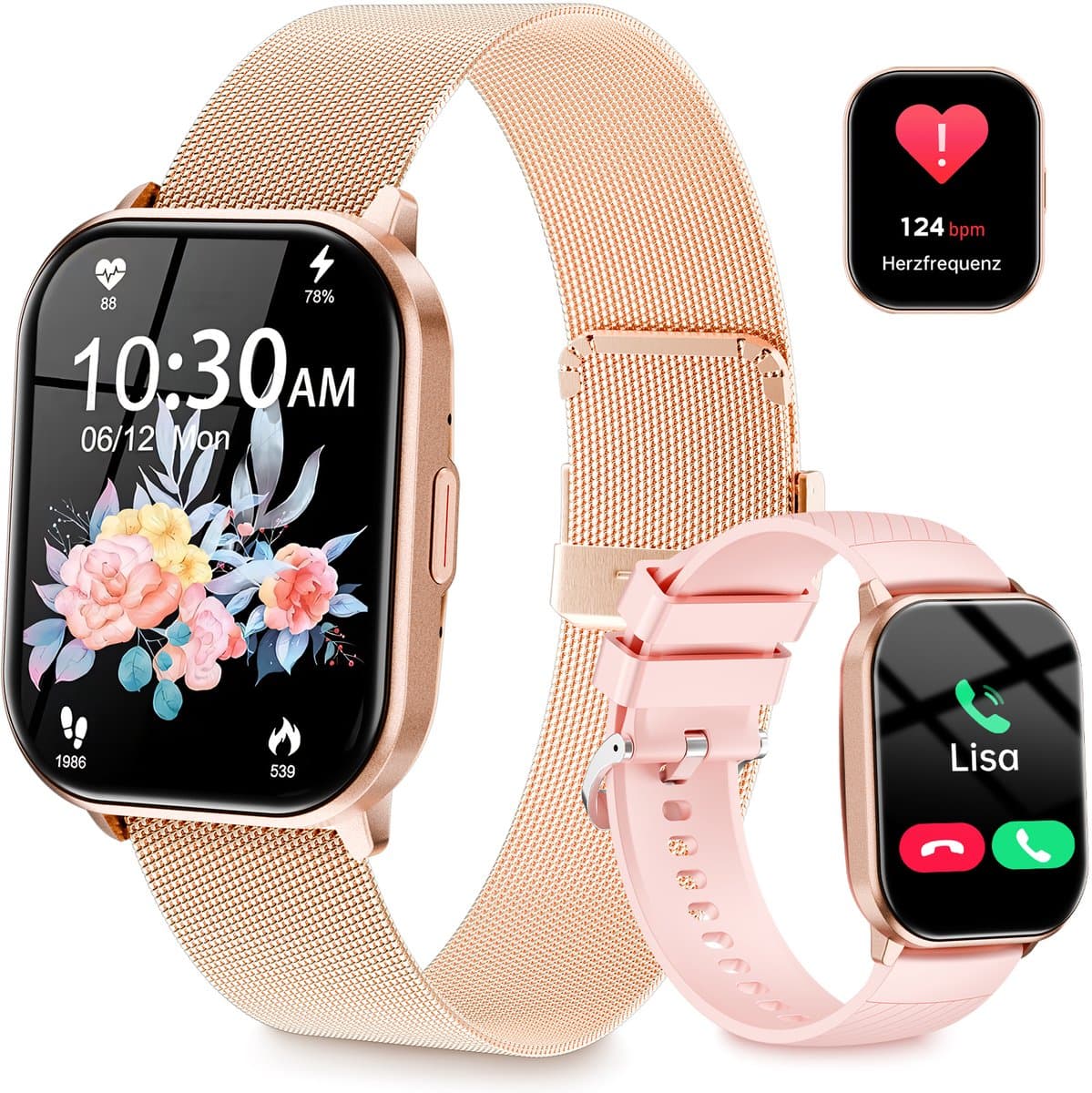 Smartwatch - Belfunctie - Sporthorloge voor dames - Waterbestendig voor dagelijks gebruik - Met hartslagmeting, slaapmonitoring, stappenteller en muziekbediening - Compatibel met Android- en iOS-systemen - Roségoud (siliconen bandje + stalen bandje) — afbeelding 1