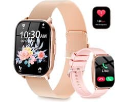 Smartwatch - Belfunctie - Sporthorloge voor dames - Waterbestendig voor dagelijks gebruik - Met hartslagmeting, slaapmonitoring, stappenteller en muziekbediening - Compatibel met Android- en iOS-systemen - Roségoud (siliconen bandje + stalen bandje)