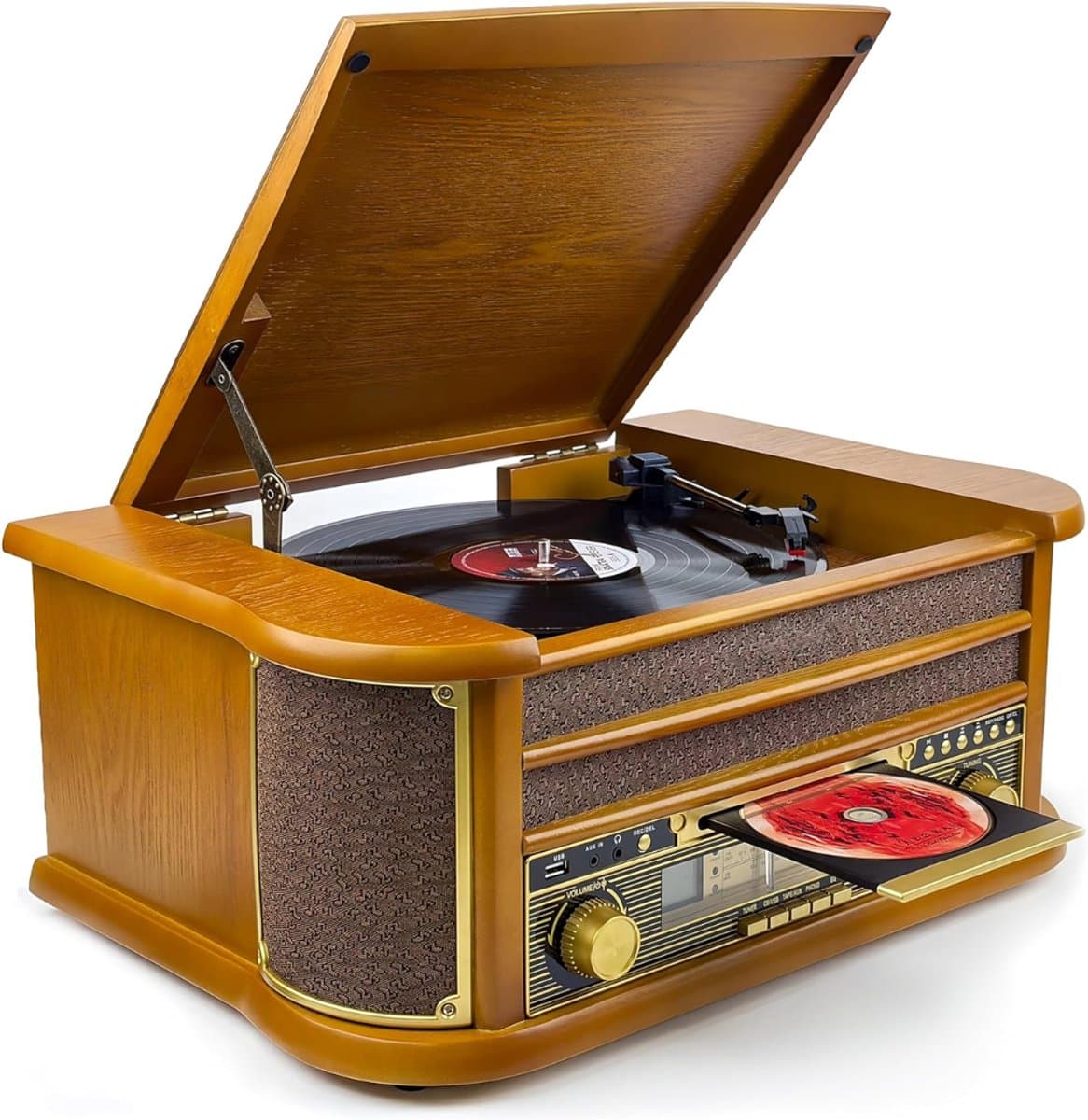 SNJY® Platenspeler Bluetooth - Platenspeler met Speakers - CD Speler - Retro - 3 Snelheden - Bruin — afbeelding 1