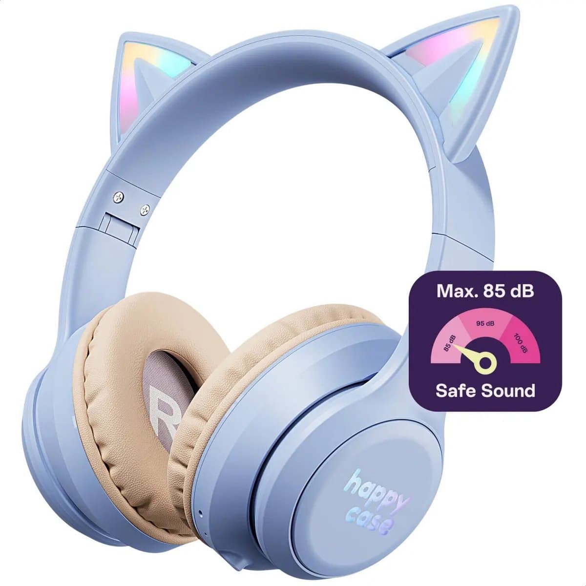 HappyCase Kinder Koptelefoon met Kattenoortjes - veilige volumebregrenzer - Bluetooth Koptelefoon Voor Kinderen - Ledverlichting - Over-Ear Hoofdtelefoon - Geluiddempend - Paars — afbeelding 1