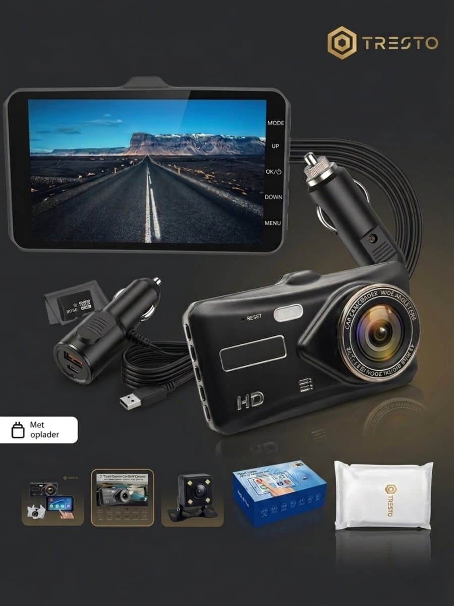 TRESTO - Dashcam Full HD Camera – 4 inch Touchscreen – Dashboardcamera – Full HD 1080p – Loop Recording – Nachtvisie – Bewegingssensor – G-sensor – Autocamera Voor én Achter - voor auto — afbeelding 1