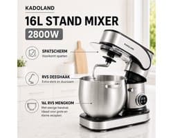 Kadoland® 16L Stand Mixer – Professionele Keukenmachine voor Zwaar Deeg – 12 Snelheden – RVS Mengkom – Inclusief Accessoires