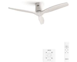 CREATE - Plafondventilator 40W silent Ø132 cm - Met Verlichting drie temperaturen - Met Wandregelaar - Met Afstandsbediening - 6 Snelheden - Timer - Zomer/Winter functie - Wit - WIND CALM