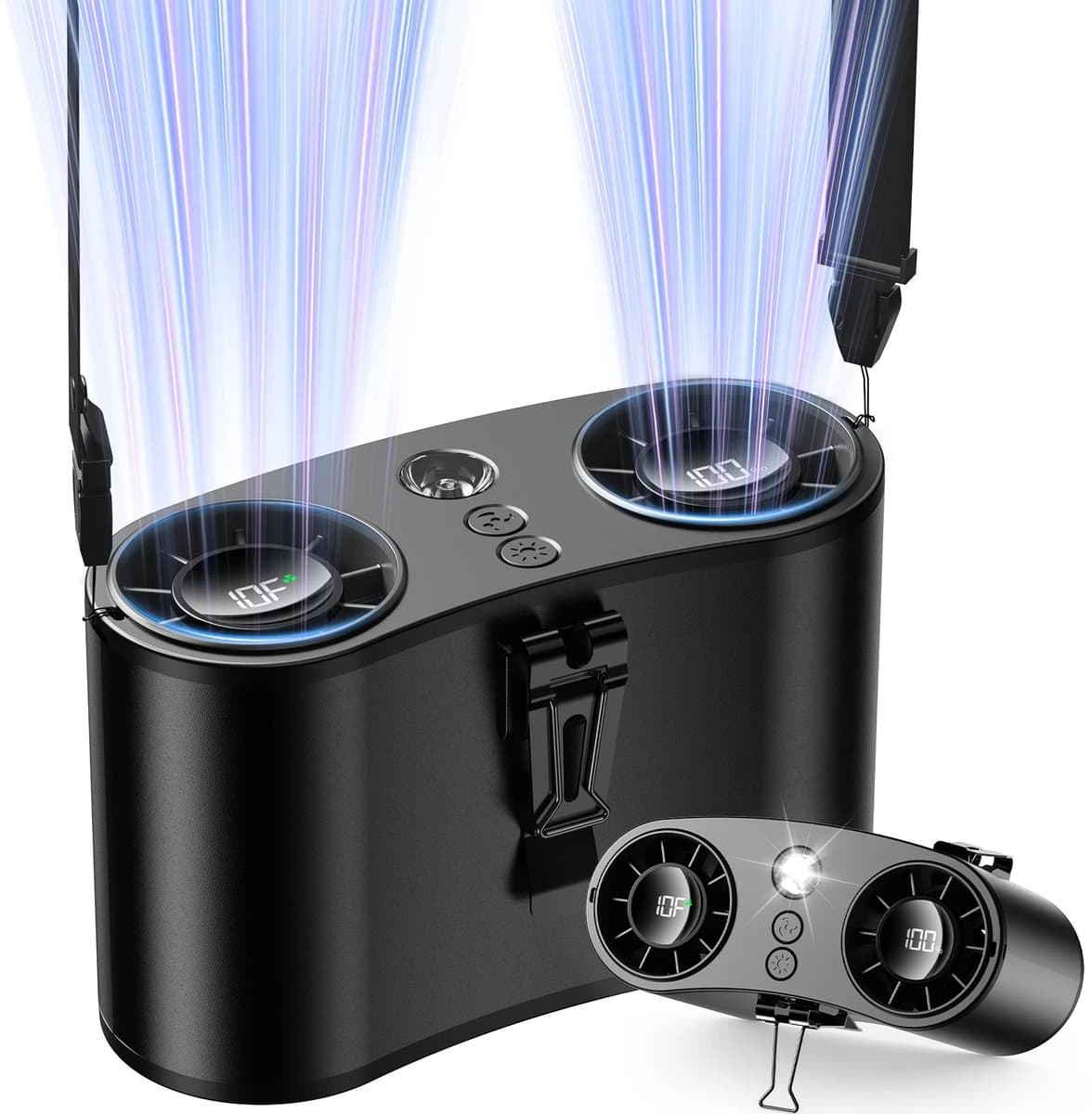 ITRONIQ Draagbare Taille Ventilator – 20000mAh Accu – 10 Snelheden – Tot 25 Uur Koeling – LED Verlichting & SOS Functie – Zwart — afbeelding 1
