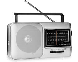 Caliber Noodradio met Zaklamp - Draagbare radio - Werkt op batterijen en op Netstroom - Retro radio - FM radio - Keukenradio - Noodradio Denk Vooruit - Handvat - Koptelefoonaansluiting - Zilver (HPG317-R)
