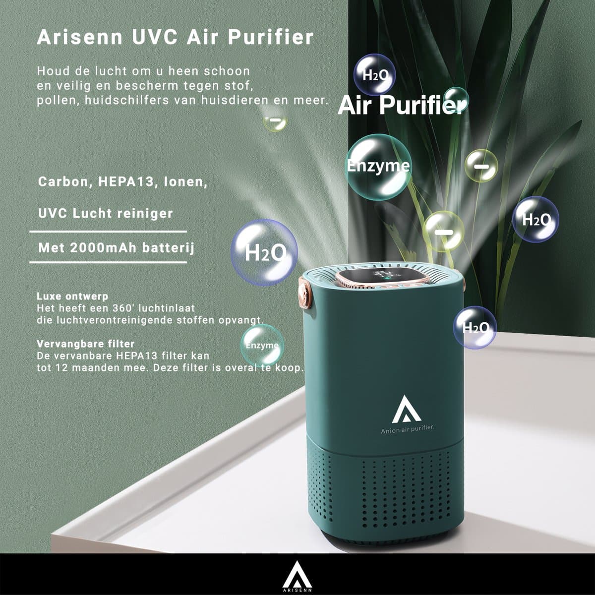 Arisenn® Aromatherapie HEPA13 Ionen Luchtreiniger - Air Purifier - Luchtreiniger inclusief HEPA 13 (medisch) + 2000mAh accu + Actieve Koolstof - Vervangbaar HEPA Filter - IO-TH13-Carbon-V2 - UPGRADED versie — afbeelding 1