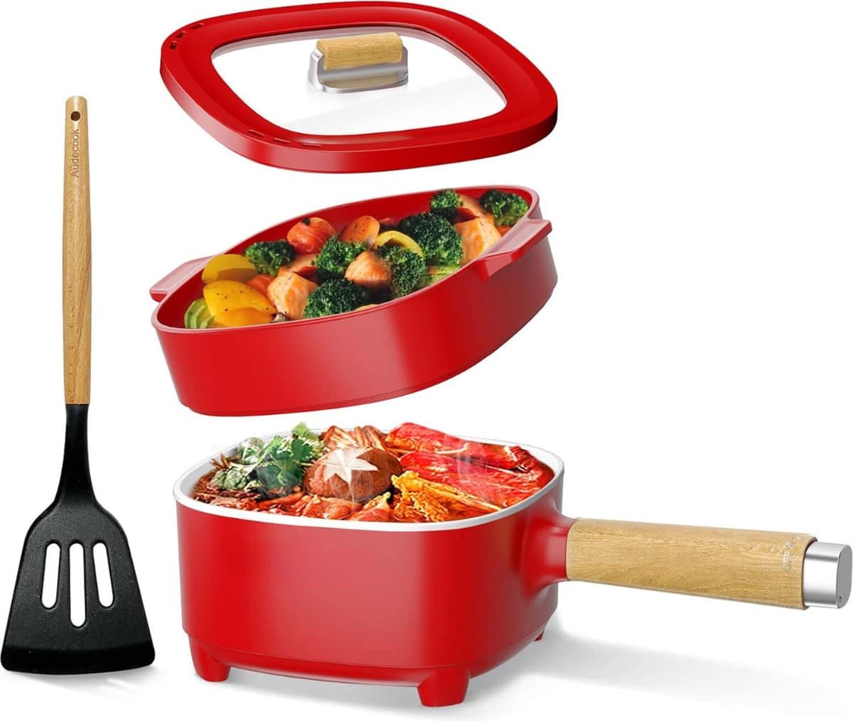 Hotpot Electrisch – Kaasfondue Pan Elektrische Multipan – Multifunctioneel 2L - Chinese Fondue 350/800Watt – Saute Pan – Friteuse – Hete Pan- Stomer – Langzame Kookplaat – Gemakkelijk Schoon te Maken - Rood — afbeelding 1