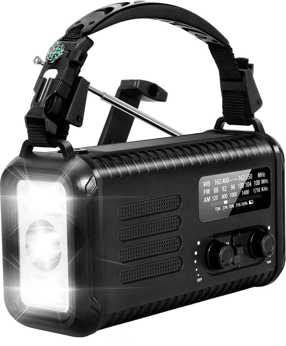NovaWare NoodRadio Solar Opwindbaar - FM/AM - Powerbank Zonneenergie met 20.000mAh - Noodpakket - Draagbare Radio op batterijen – Zwart — afbeelding 1