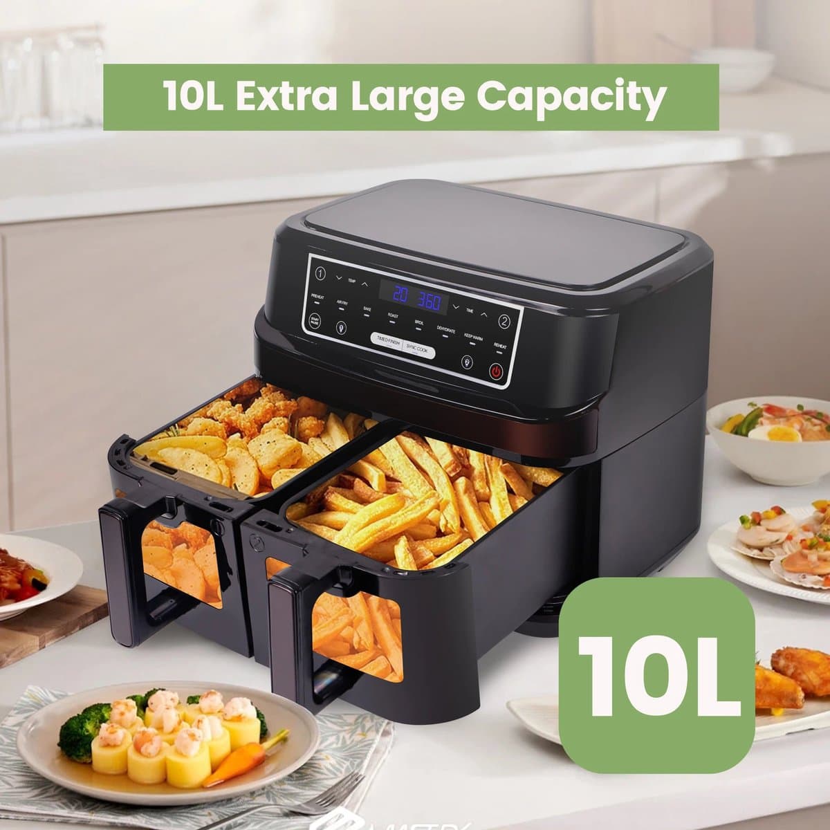 Heteluchtfriteuse 10L – Airfryer - Dubbele Lades – 2000W - 240V - Touchscreen – 8 Automatische Programma's – Kijkvenster - Zwart — afbeelding 1