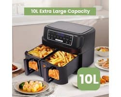 Heteluchtfriteuse 10L – Airfryer - Dubbele Lades – 2000W - 240V - Touchscreen – 8 Automatische Programma's – Kijkvenster - Zwart