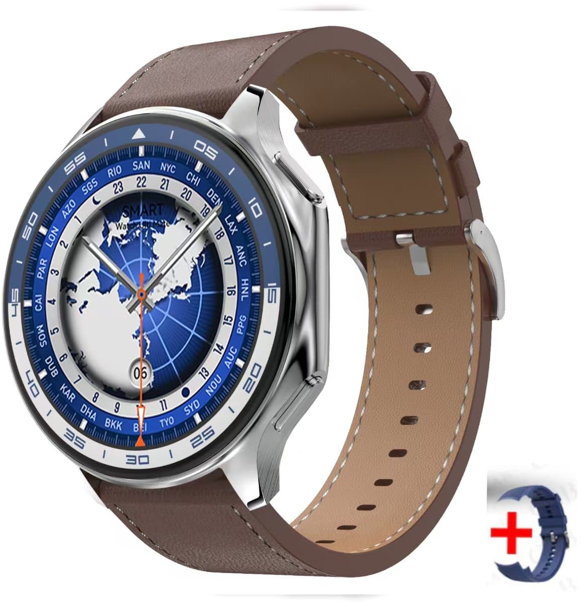 Knobbout 1.43 inch AMOLED-scherm met 3D-ontwerp Smartwatch - Slimme opnamefunctie- 4 GB interne opslag - MP4-video-ondersteuning - Nieuwste ATS3085S Gen 2-chipset - Ingebouwde kompasfunctie - Bruine lederen + blauwe siliconen horlogeban — afbeelding 1