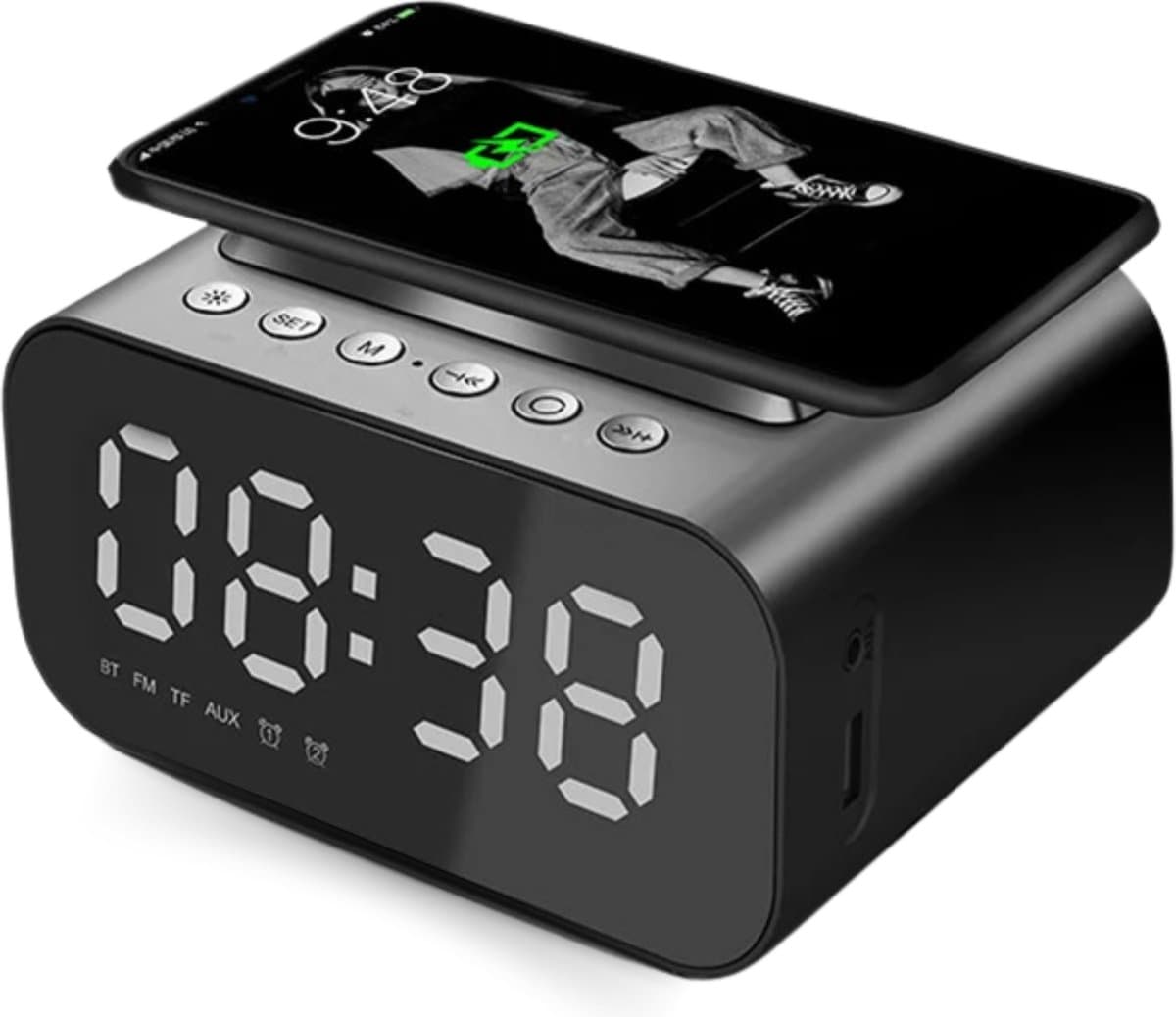 Simplyway® Digitale wekker met radiofunctie - met draadloze oplader - Wekker- Zwart - Bluetooth-speaker - Wekkers digitaal - Thermometer functie - Wekkers digitaal op netstroom - Dubbel alarm-Digitale-Wekkerradio — afbeelding 1