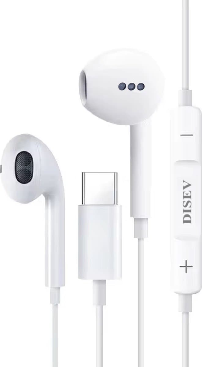 DISEV® - Oortjes met Draad - USB-C Aansluiting - In-Ear Oordopjes met Draad - Oortjes met Draad en Microfoon - 1.20M kabel - Wit — afbeelding 1