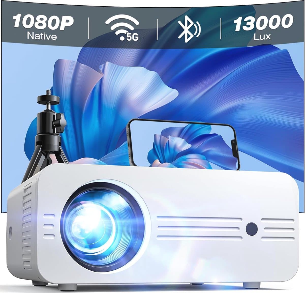 Upgrade Mini Projector Draagbare 5G WiFi Beamer met 13000 Lux, Native 1080P en 4K Ondersteuning – Geniet van Film Avonden Thuis — afbeelding 1
