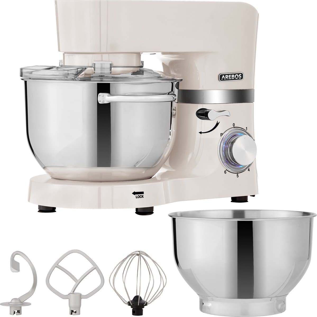 AREBOS Keukenmachine - 1500W - Keukenrobot - 5,5L&4,5L - Keukenmixer - Foodprocessor - Roestvrij Stalen Mengkom - 6 Snelheden - Crème — afbeelding 1