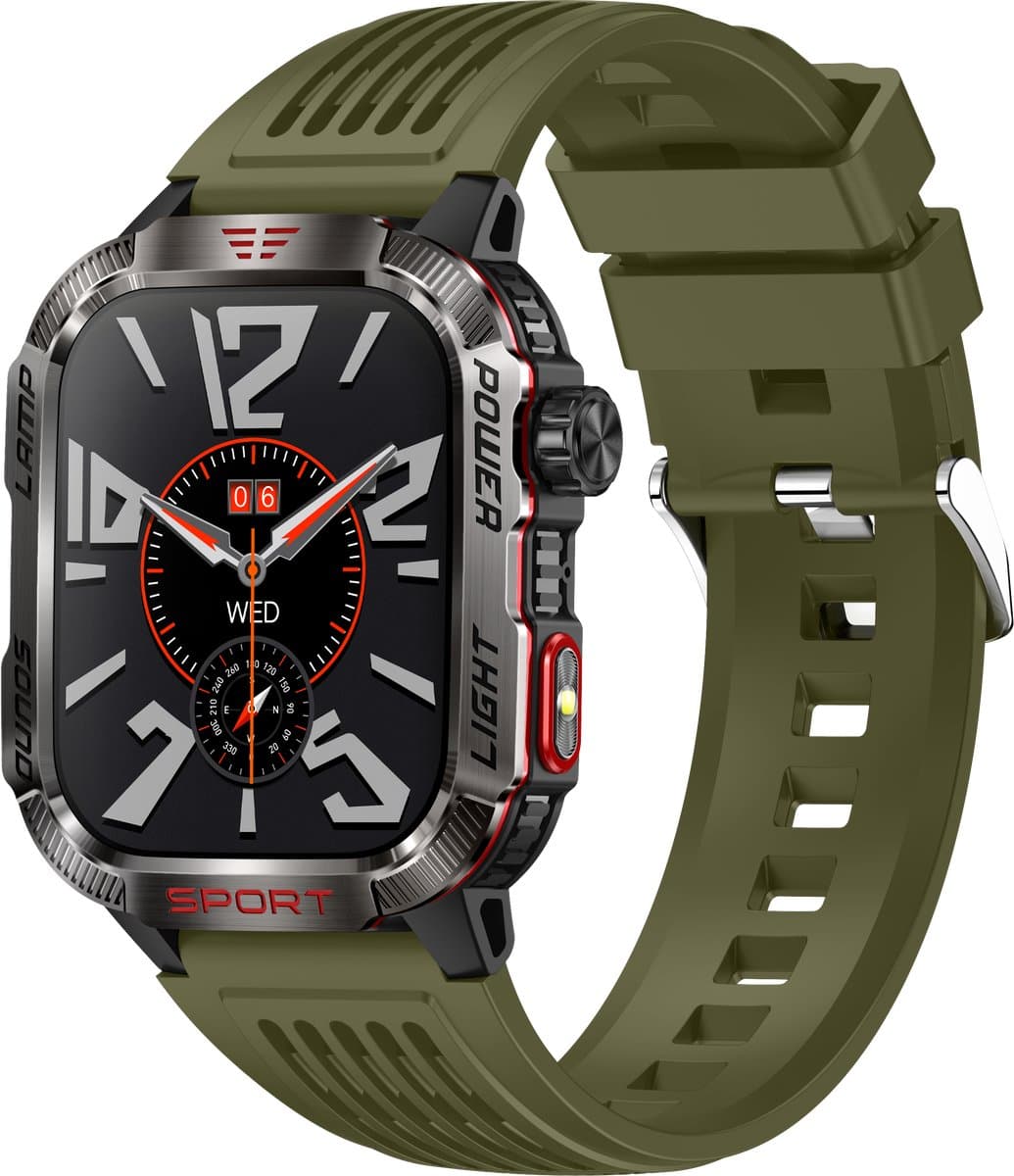 Knobbout Outdoor Smartwatch 2.01”(3.4*4cm) Extra Groot Scherm – Militair Standaard Schok & Krasbestendig - Zaklamp + SOS - Kompas & Hoogtemeter - GezondheidsmonitorBluetooth Bellen -AI Spraakassistent- 600mAh -IP68 -wart staal+ siliconen band - Groen — afbeelding 1
