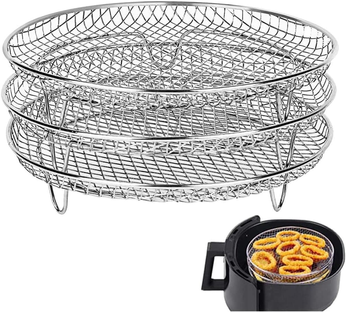 3 Stuks Rvs Airfryer Rack Ronde Stapelbare Rosten 304 Rvs Geschikt Voor 4.2 Tot 5.8 Liter Airfryers Als Ovenroosters En Droogrekken — afbeelding 1