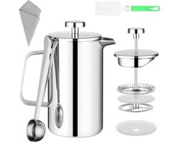 French Press koffiezetapparaat 350 ml - Roestvrij staal - Met filters en lepel - Thuis, camping, reizen.