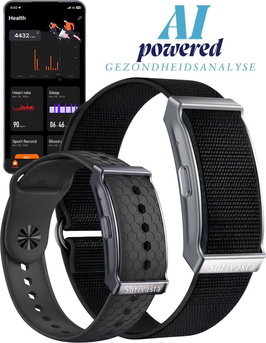 Shrivasta Activity Tracker Plus | armband met AI-Gezondheidsanalyse & Lichaamstemperatuur meting | Dames & Heren | Zwart | Hartslag | SpO₂ | Slaapmonitor | Stress | Menstruatiecyclus | Inclusief 2 Armbanden (siliconen & Nylon) – Waterdicht — afbeelding 1
