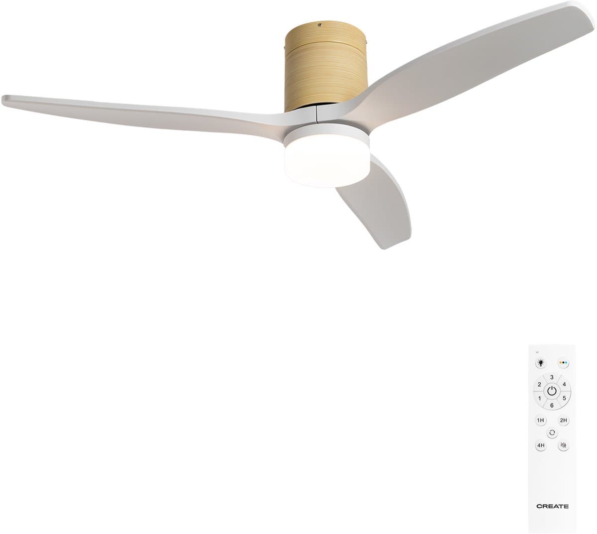 CREATE - Stille 40W plafondventilator met technische ABS bladen in verschillende maten - Met licht - Afstandsbediening - Licht houtlook / Wit - WIND CALM — afbeelding 1