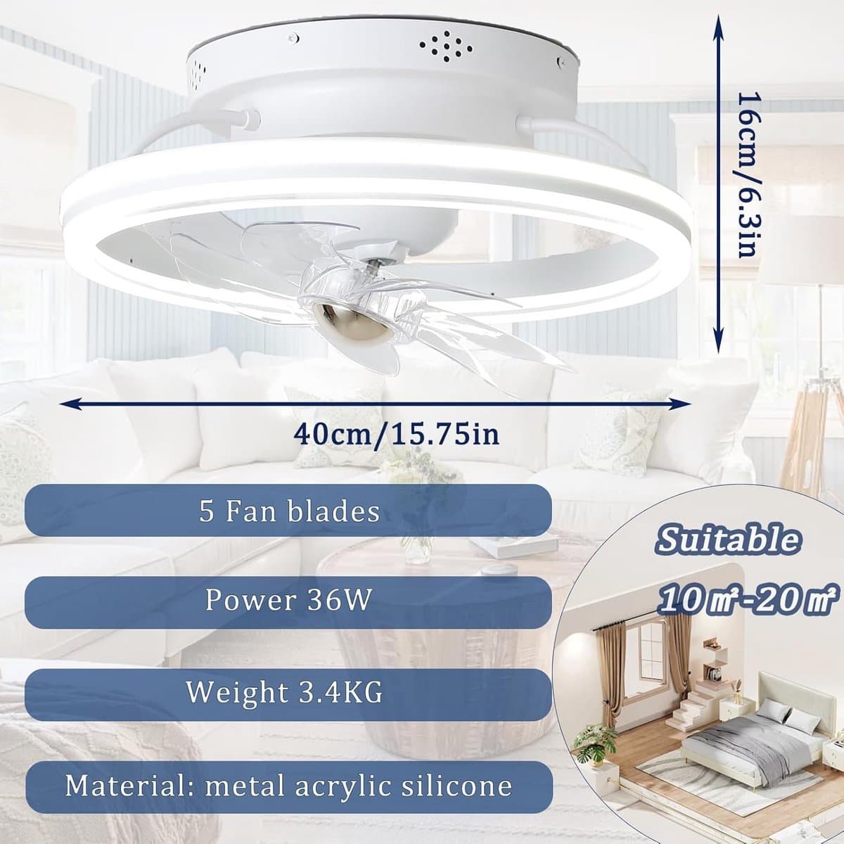 Plafondlamp met ventilator 360° rotatie, led dimbaar ventilator plafondlamp verlichting voor woonkamer slaapkamer — afbeelding 1