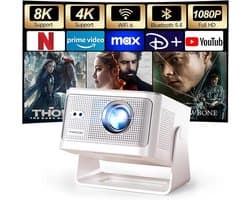 Mini Beamer Full HD 1080p met Android 14 – Draagbare Projector met WiFi 6 & Bluetooth 5.4 – Autofocus, 6D Keystone & 180° Draaibaar – Voor Thuisbioscoop