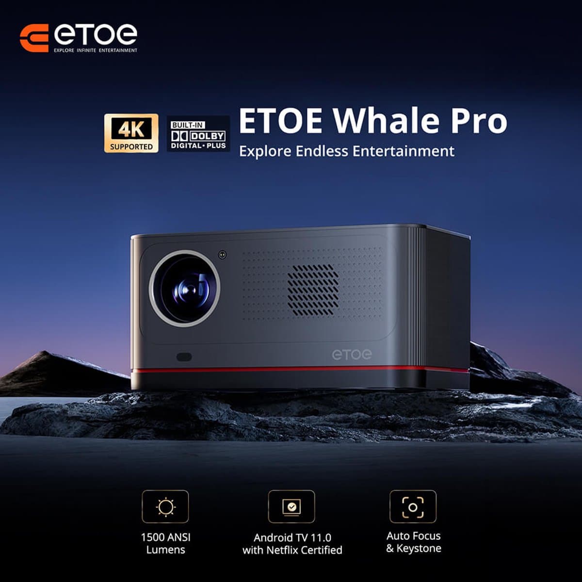 ETOE Whale Pro Projector, Android TV 11.0, 1500 ANSI, 1080P Native 4K Decoding, Auto Focus/Keystone, Dual Band WiFi, Dolby Audio, Home Theater — afbeelding 1