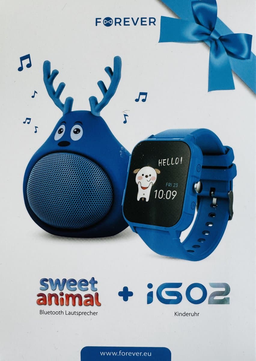 Forever iGO2 JW-150 Kinderhorloge blauw smartwatch voor Smartphone iOS + Android horloge met touchscreen IP68 + Bluetooth Luidspreker sweet animal Geschenkset — afbeelding 1