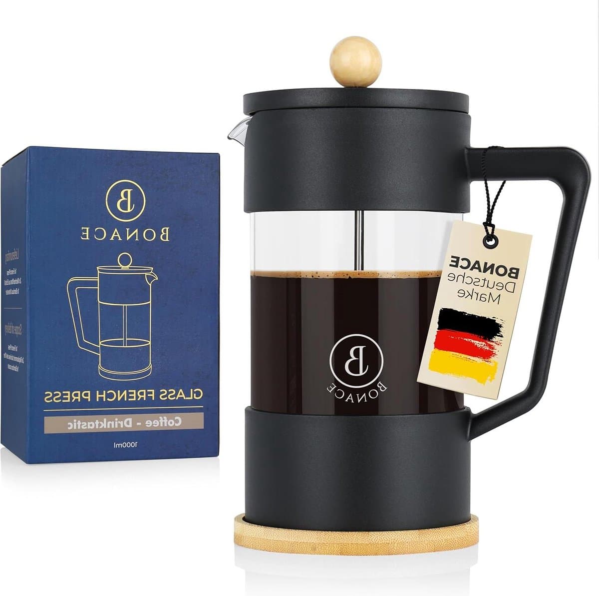French Press Koffiezetapparaat van borosilicaatglas zwart met bamboe-elementen - inclusief cliplepel van roestvrij staal, reinigingsborstel en 2 reservefilters - voor 6 kopjes 1 liter — afbeelding 1