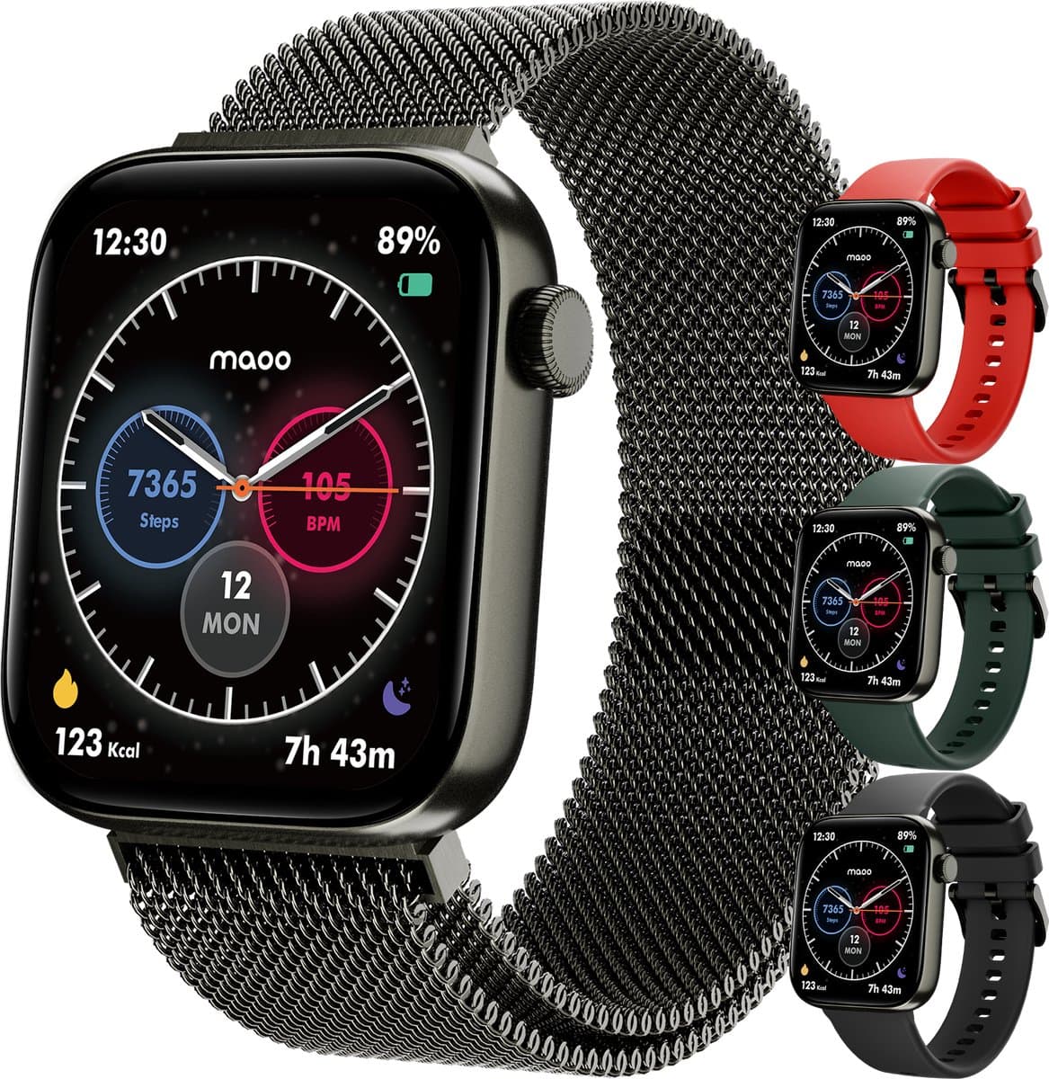 Maoo ProWatch AMOLED Smartwatch Dames en Heren - Milanese Bandje en 3 Siliconen Bandjes - Stappenteller - Hartslagmeter- Bloeddrukmeter - Slaapmonitor - Multisport - Geschikt voor Android en iOS - Gun Metal — afbeelding 1