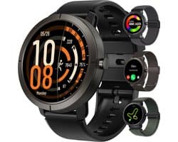 Synyq Evo Pro - GPS Smartwatch - 4 Bandjes - 42mm - AMOLED - 5ATM Waterdicht - Stappenteller - Hartslagmeter - Slaapmonitor - Multisport - Belfunctie - Bluetooth Smartwatch voor Dames en Heren - iOS & Android - Zwart