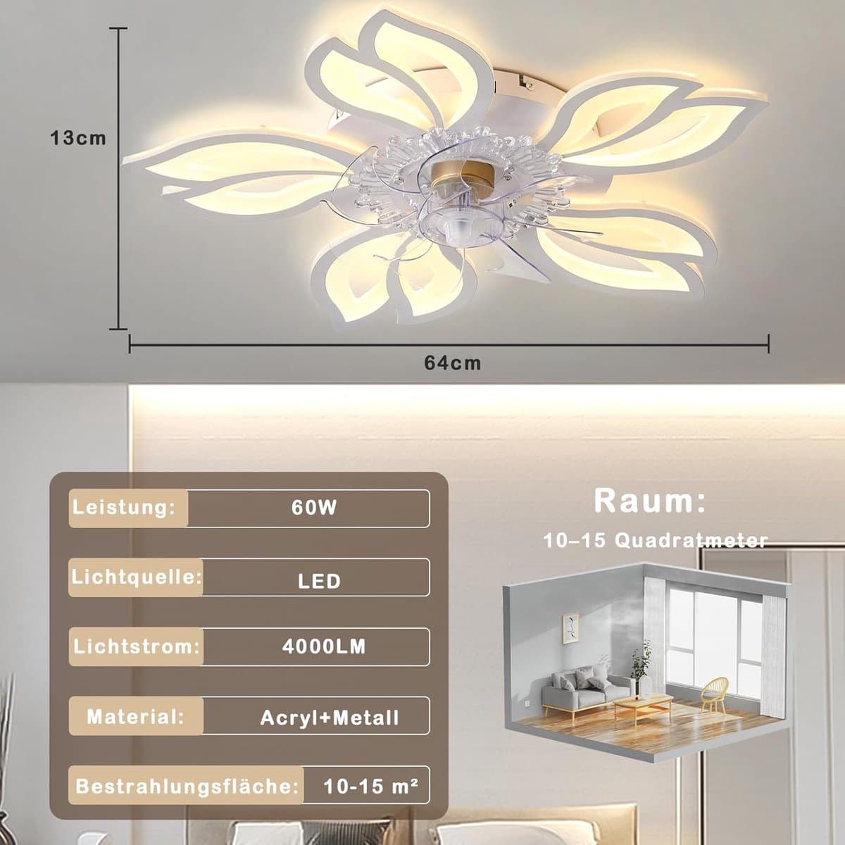 Stille LED Plafondventilator met Dimbare Verlichting en Afstandsbediening — afbeelding 1