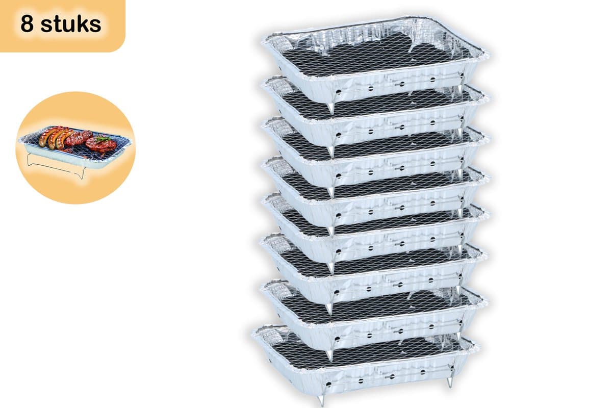 Wegwerpbarbecue 8 stuks – Instant BBQ met 600g Houtskool – Gebruiksklare Barbecue voor Camping, Park en Picknick — afbeelding 1