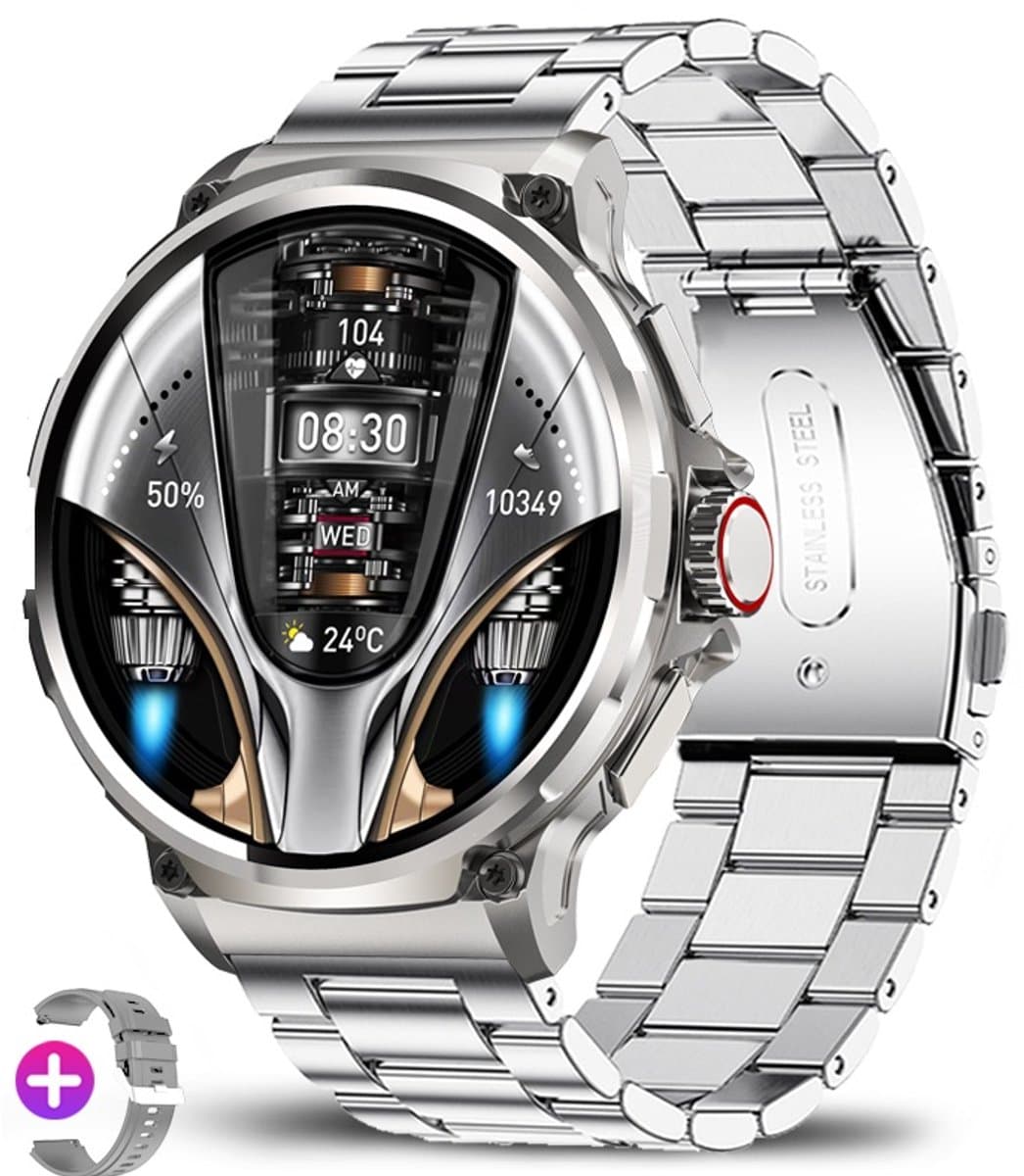 Knobbout 1.85” Scherm HD Sport Smartwatch – 710mAh Extra Grote Batterij – Bluetooth Bellen – RVS Bezel – Hartslagmeting/Bloeddrukmeting/Slaapmonitoring/Calorieverbruik – Android & iOS – Zilver Staal + Siliconen Band — afbeelding 1