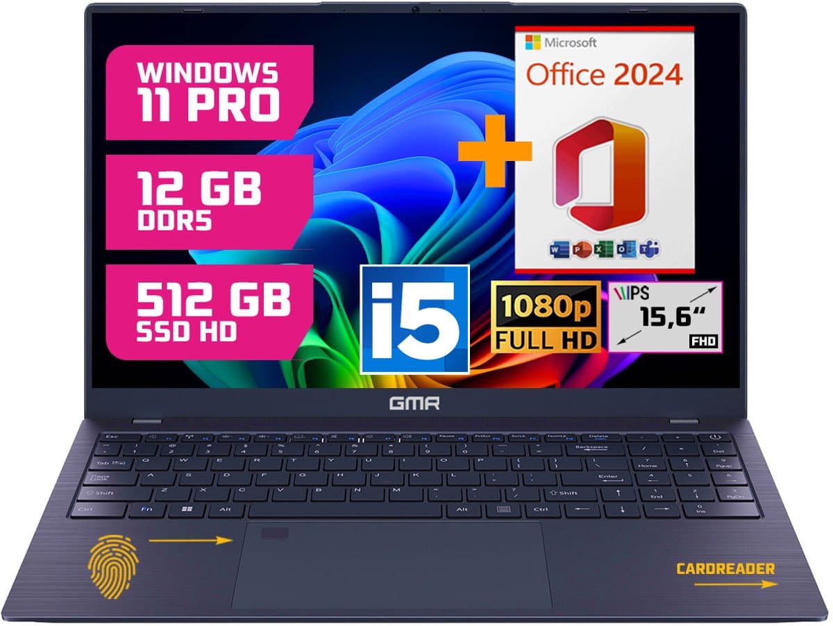 GMR Professional Laptop / 15.6 Inch Full HD Display / Intel Core i5 / 12GB DDR5 RAM / 512GB SSD / Windows 11 Pro & Office 2024 / Perfect voor Zakelijk en Studiegebruik — afbeelding 1
