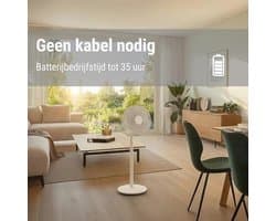 Mobiele vloer- en tafelventilator met afstandsbediening en zwenkfunctie - 8 snelheden, 1-8 uur timer, batterijvoeding