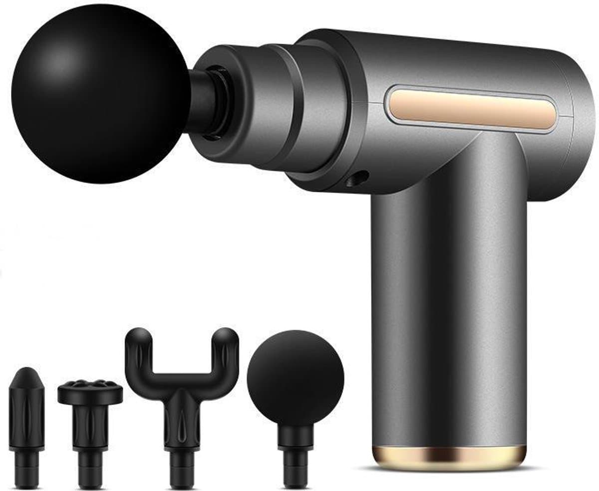 Mini spiermassagepistool - Ultrastille massagepistool - 6 snelheden - 4 massagekoppen - LCD-scherm - Draagbare elektrische massage-apparaat - Verlicht spierpijn -13*13.3*5cm-Grijs — afbeelding 1