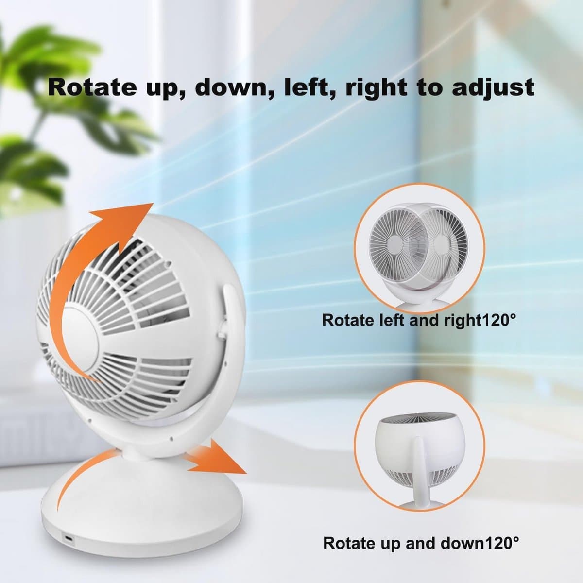Stille tafelventilator met 4 snelheden en 120° helling instelbaar voor optimale luchtcirculatie in kantoor, slaapkamer en woonkamer — afbeelding 1