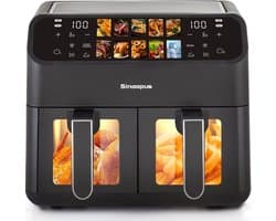 Digitale Airfryer XXL 9L Sinaopus 901 – Heteluchtfriteuse met Dubbele Mand en DualMand Onafhankelijke Snelle Opwarming – Voor Gezinnen – 10 Programma’s – Kijkvenster – Makkelijk te Reinigen – Capaciteit voor 5 Personen