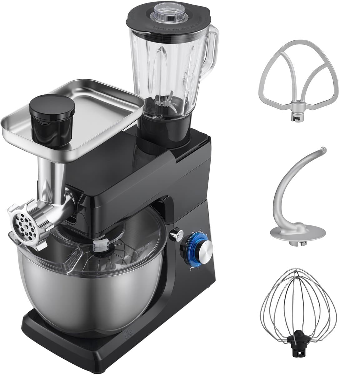 Elektrische Keukenmixer, 7,8 L Keukenmixer met 1500 W Motor, 6+P Snelheden, Kantelbaar Kopontwerp, Inclusief 1,5 L Blenderbeker, Roestvrijstalen Kom, Deeghaak, Garde en Klopper voor Bakken en Mixen, Zwart — afbeelding 1