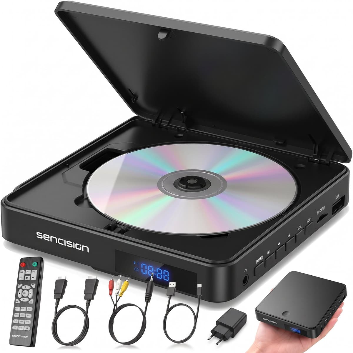 Sencision Mini DVD Speler met HDMI - Regiovrij - Full HD 1080P - CD en DVD Speler voor TV - USB & MicroSD - Incl. Afstandsbediening & Kabels - Zwart — afbeelding 1
