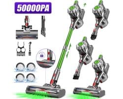 Adormii Steelstofzuiger Draadloos – 50000Pa Sterke Zuigkracht – 60 Min Accuduur – Anti-haarwikkel Vloerborstel – 4 HEPA-filters – 1,6 L Stofreservoir – Groene LED Stofdetectieverlichting – Goud