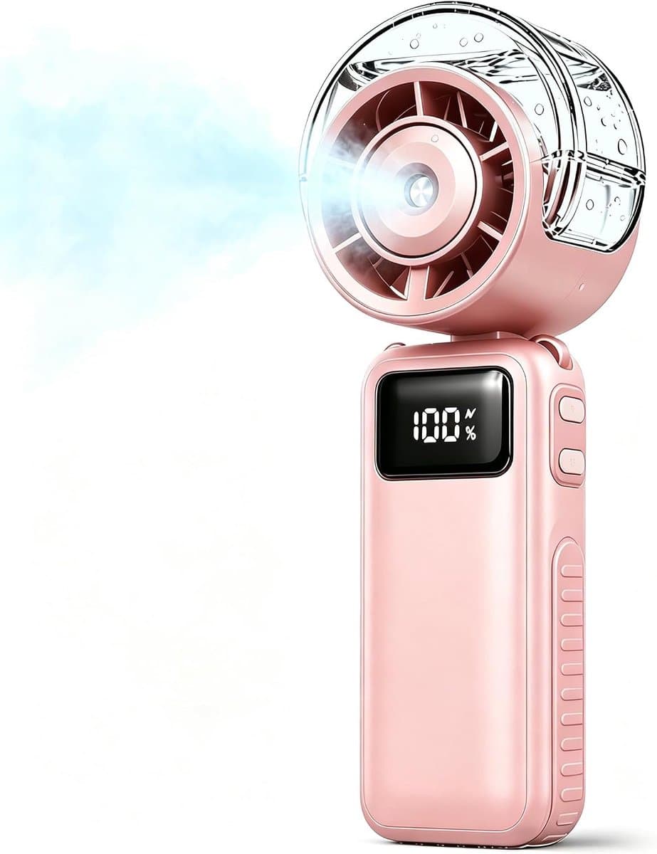Handventilator met nevel - 65,5 × 54 × 175 mm - Draagbaar - 3600 mAh - Oplaadbaar - 5 windsnelheden - Opvouwbaar - Ideaal voor buitenactiviteiten, reizen, strand, kamperen, golfen - Roze — afbeelding 1